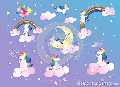 Cute magical rainbow unicorn with stars and clouds vector set. Isolated cartoon collection of decorations for kids Vector Illustration