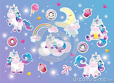 Cute magical rainbow unicorn with sweets and clouds vector set. Isolated cartoon sticker pack Vector Illustration