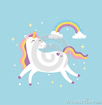 Cute magical unicorn dream fantasy rainbow stars animal cartoon Vector Illustration