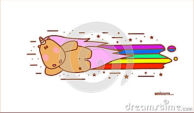 Cute magical unicorn flies with rainbow and stars. Vector Illustration