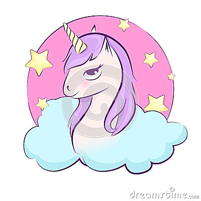 Cute magical unicorn head with cloud and star. Vector design isolated. Illustration for children. Vector Illustration