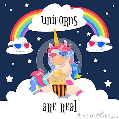 Cute magical unicorn with rainbow. Fantasy pony on clouds. Cartoon unicorn wallpaper vector design Vector Illustration