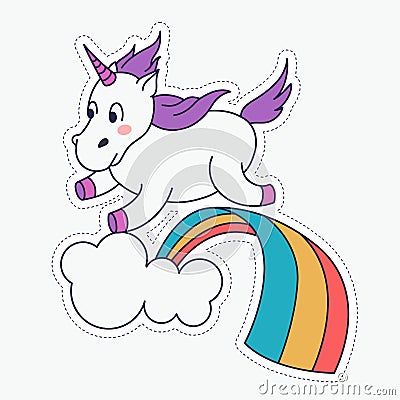 Cute magical unicorn and rainbow. Vector design isolated on white background. Print for t-shirt or sticker. Hand drawing Vector Illustration