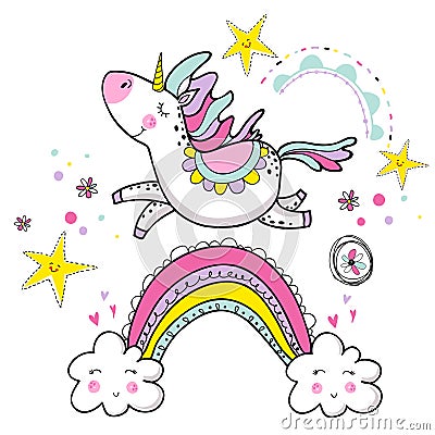 Cute magical unicorn walking on the rainbow, doodle nursery art Cartoon Illustration