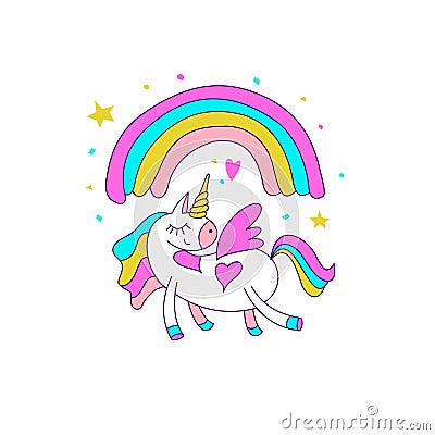 Cute magical unicorn with wings and a rainbow. Vector illustration. Vector Illustration