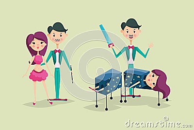 Cute magician character tricks vector illustration magic show cartoon man wizard circus Vector Illustration