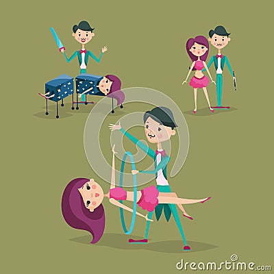 Cute magician character tricks vector illustration magic show cartoon man wizard circus Vector Illustration