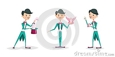 Cute magician character tricks vector illustration magic show cartoon man wizard circus Vector Illustration