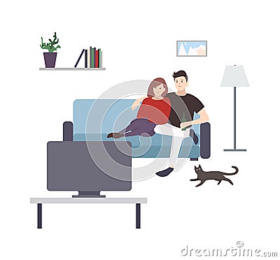 Cute male and female cartoon characters sitting on cozy couch Vector Illustration