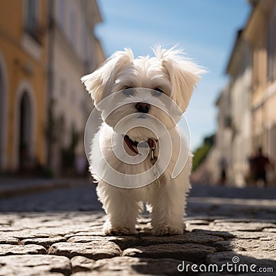 Cute Maltese dog poses on a picturesque cobblestone street Stock Photo