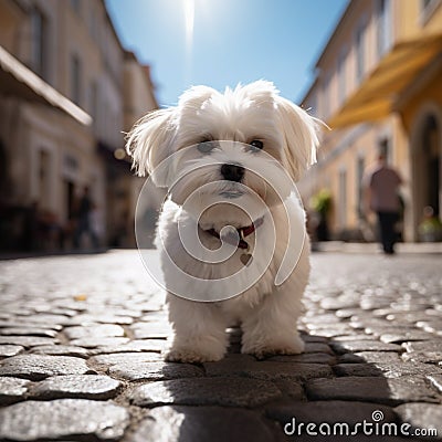 Cute Maltese dog poses on a picturesque cobblestone street Stock Photo