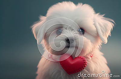 White Maltese Puppy Wearing A Heart On Collar - Generative AI Stock Photo