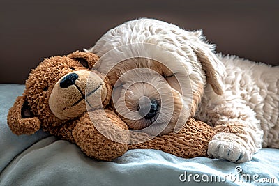 Cute Maltipoo Puppy Sleeping with His Teddy Bear - Ai Generative Stock Photo