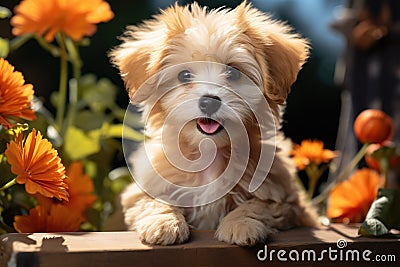 Cute maltipoo sitting in park with fallen leaves at autumn Stock Photo