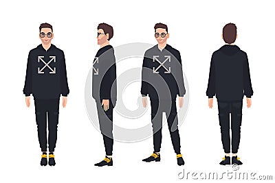 Cute man wearing hoodie and sunglasses. Stylish guy dressed in trendy clothes. Male cartoon character isolated on white Vector Illustration