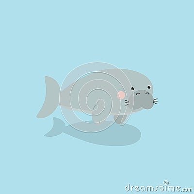 Cute manatee Cartoon Character. Dugong , seacow Isolated on blue sea background. Kawaii Sea Animal vector illustration Vector Illustration