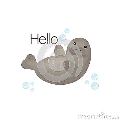 Cute manatee say Hello. Cartoon cute animals vector illustration. Cartoon Illustration