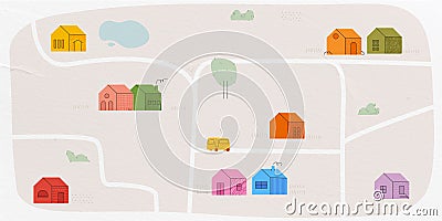 Cute map in cartoon style with trendy simple buildings with textures. Contemporary kids road map. Vector illustration Vector Illustration