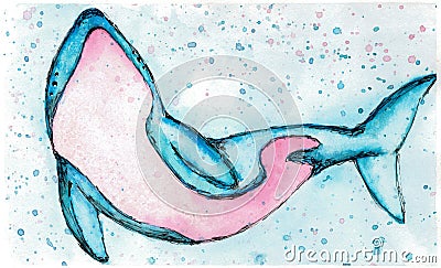 Cute marine orca character. Smiling spotted snout and long playful tail. Hand painted watercolor and ink graphic drawing Stock Photo