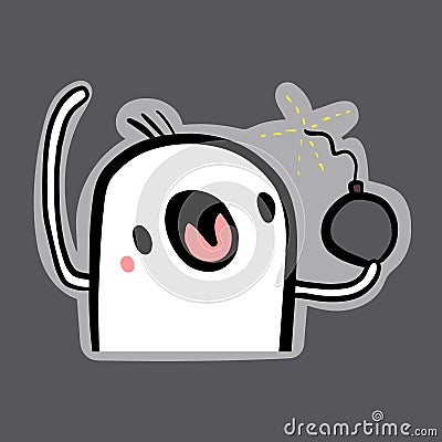 Cute marshmallow holding bomb hand drawn illustration sticker in cartoon style Vector Illustration