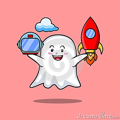 Cute mascot cartoon character Ghost as astronaut Vector Illustration