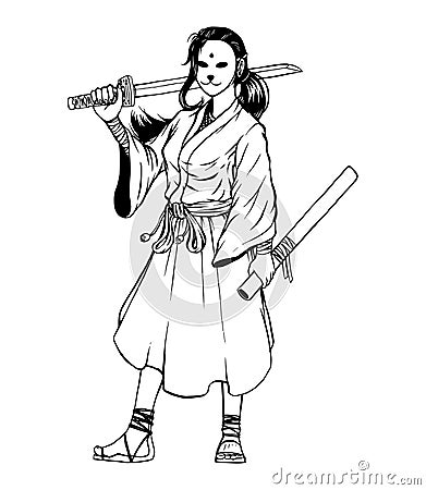 Cute Mask Samurai Girl Hand Drawn Illustration Sketch, Isolated Vector Stock Photo