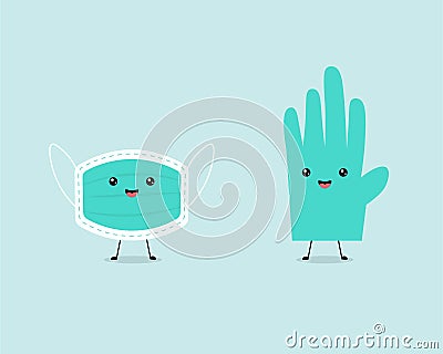 Cute masker and medical gloves character light blue Vector Illustration