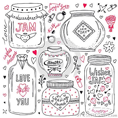 Cute mason jars set. Valentines hand drawn doodle collection. Vector wishes jar with lettering. Love illustration for greeting car Vector Illustration