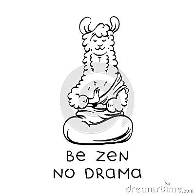 Cute meditating furry llama. Vector cartoon illustration on a white background with motivational lettering. Vector Illustration