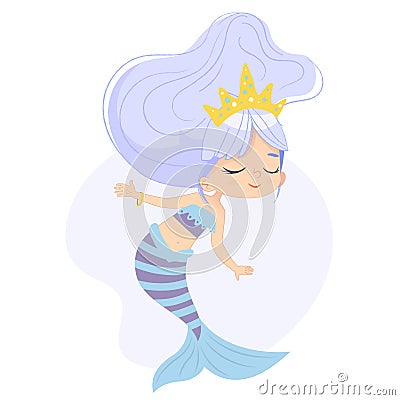 Cute Mermaid Adorable Child Character Watercolor Art. Sea Underwater Woman Beauty Adorable Mythical Nymph in Crown Vector Illustration