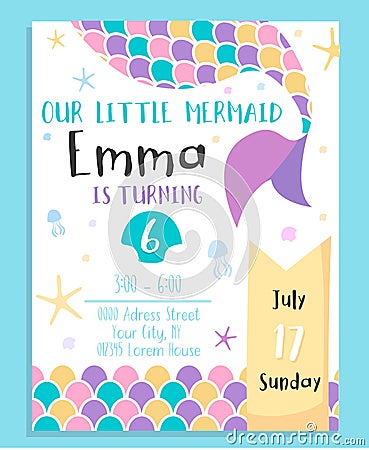 Cute mermaid birthday costume party invitation Vector Illustration