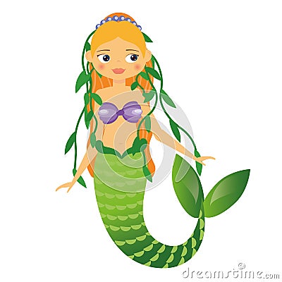 Cute Mermaid character with alga in hair. Cartoon Style. vector illustration Vector Illustration