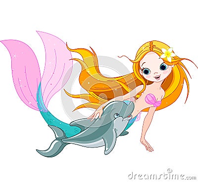 Cute Mermaid and dolphin Vector Illustration