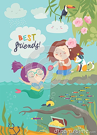 Cute mermaid and girl are best friends Vector Illustration