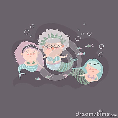 Cute mermaid grandmother with grandchildren Vector Illustration