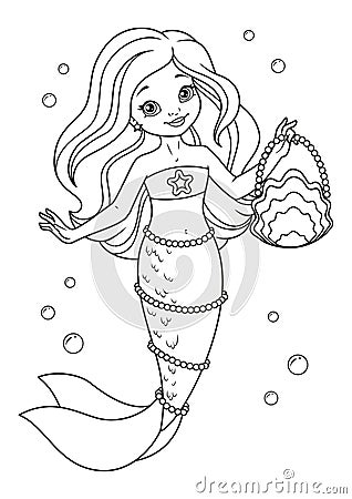 Cute Mermaid with handbag Coloring Page Vector Illustration