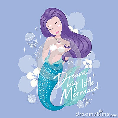 Cute Mermaid with jellyfish and flowers. Beautiful mermaid on lilac background, for t shirts or kids fashion artworks, children Vector Illustration