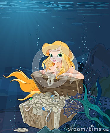 Cute Mermaid Over a Treasure Chest Vector Illustration