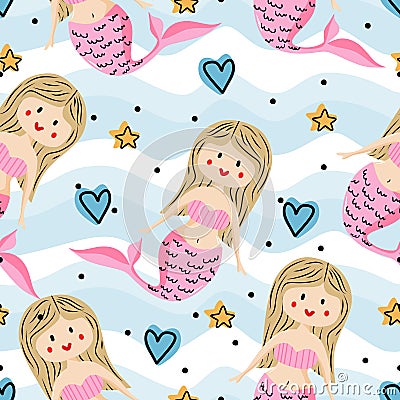 Cute mermaid seamless pattern with fantasy drawing colorful background for kids and children. Good for baby fashion textile print Vector Illustration