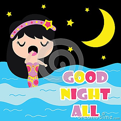 Cute mermaid is sleepy on night background cartoon, Kid nursery wall, wallpaper, and greeting card Vector Illustration