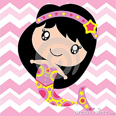 Cute mermaid smiles on pink chevron background vector cartoon, Kid Nursery wall, wallpaper, and greeting card Vector Illustration