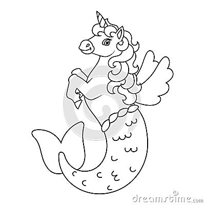 Cute mermaid unicorn. Magic fairy horse. Coloring book page for kids. Cartoon style. Vector illustration isolated on white Vector Illustration