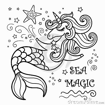 Cute mermaid unicorn, coloring book Vector Illustration