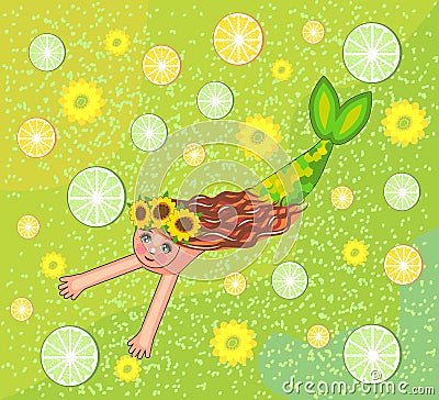 Cute mermaid with a wreath of sunflowers floating in green water with oranges and limes Vector Illustration
