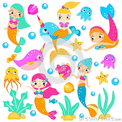 Cute mermaids. Cartoon mermaid, narwhals, fishes and other underwater characters. Stickers, clip art, isolated elements Vector Illustration