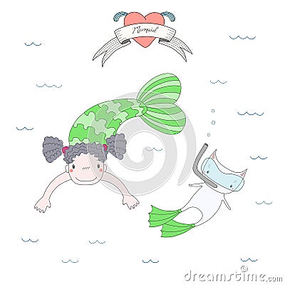 Cute mermaids and cats under water illustration Vector Illustration