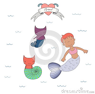Cute mermaids and cats under water illustration Vector Illustration