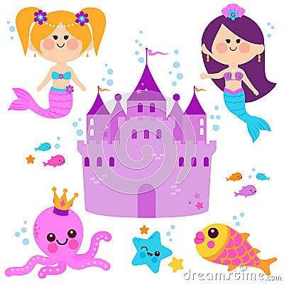 Cute mermaids and beautiful underwater castle. Vector illustration set Vector Illustration