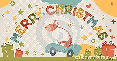 Cute merry Christmas card with giraffe Vector Illustration