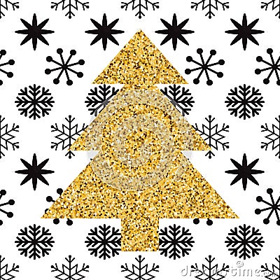 Cute Mery Christmas print gold sparkle Christmas tree and black snowflakes Stock Photo